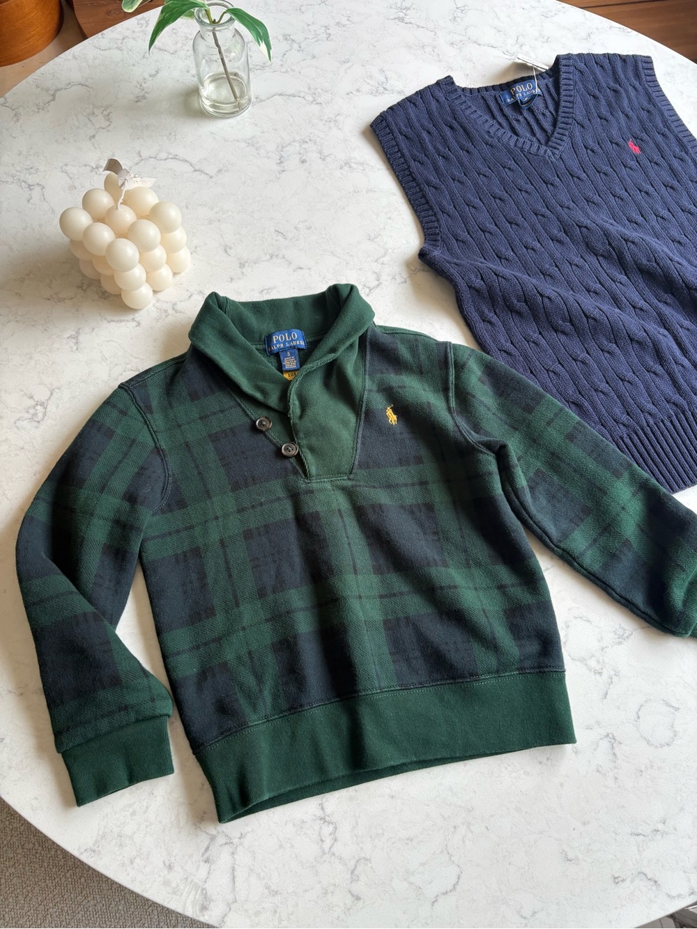 Polo by Ralph Lauren Green and Black Plaid Shawl-Collar Sweater